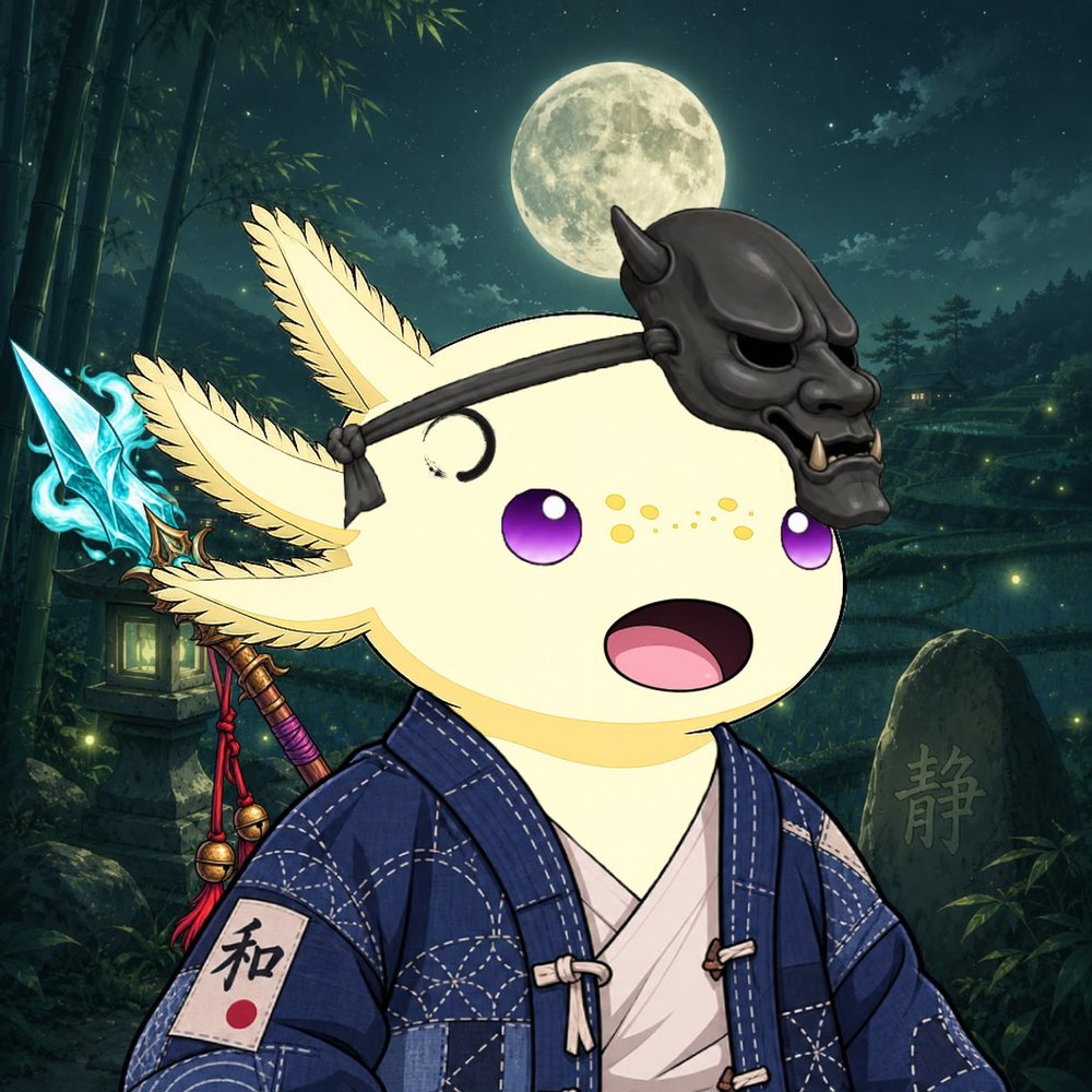 AxoRonin character in a moonlit bamboo grove wearing an oni mask and indigo kimono