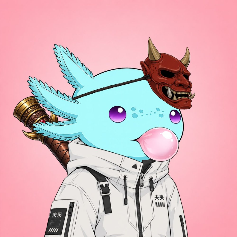 AxoRonin character blowing a bubblegum bubble, wearing a red oni mask and holding a katana hilt