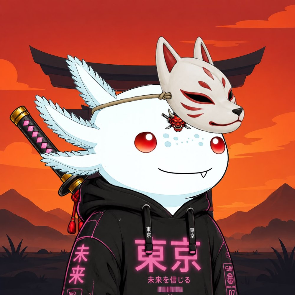 AxoRonin character wearing a fox mask against a burning orange Tokyo sunset