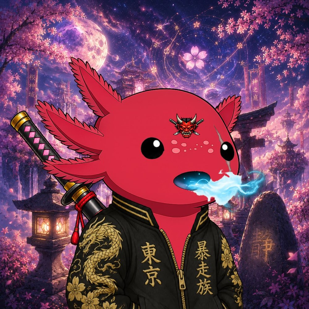 AxoRonin character with a frost-blue breath beneath cherry blossoms, a shrine and full moon behind