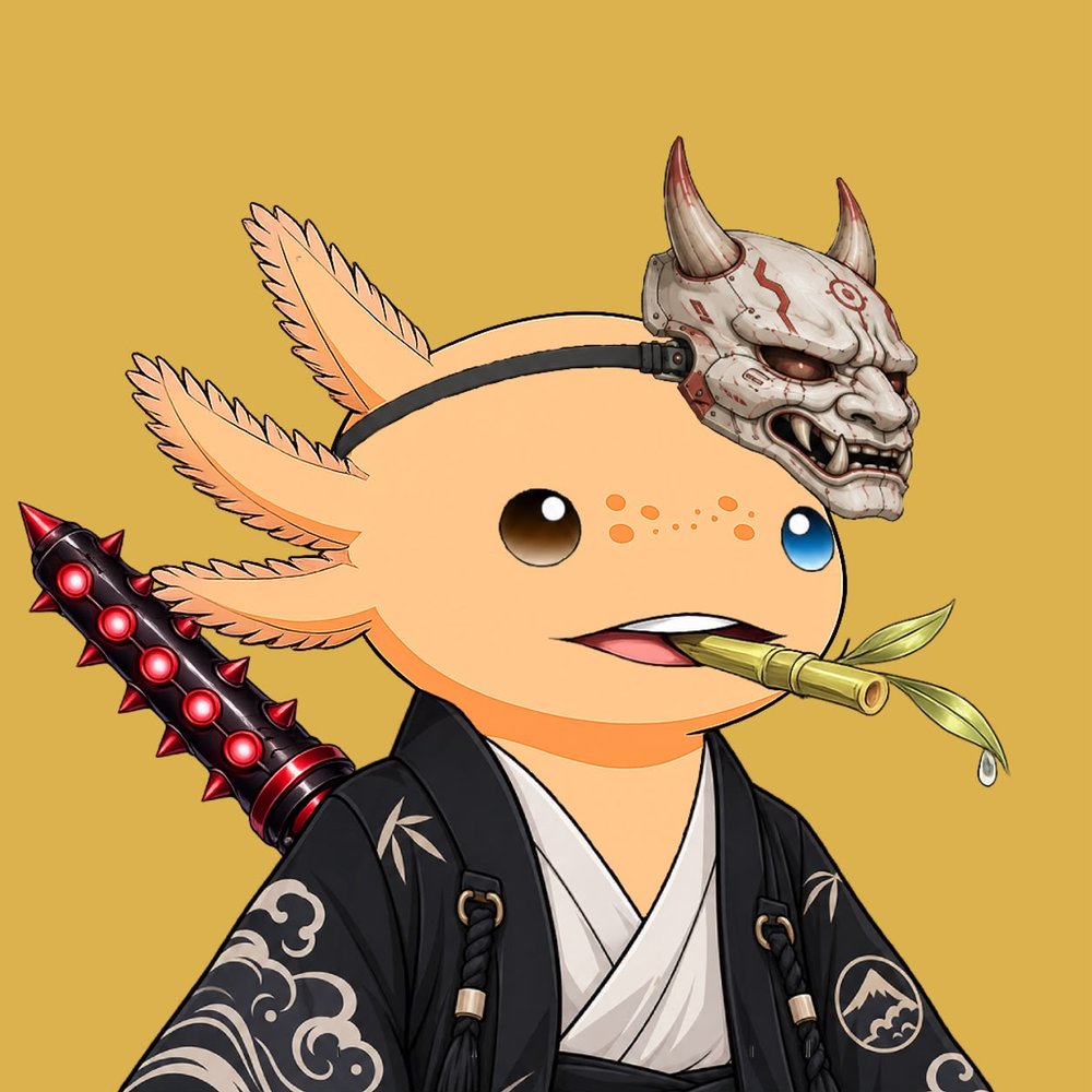 AxoRonin character with a mecha-styled oni mask, smoking a bamboo pipe
